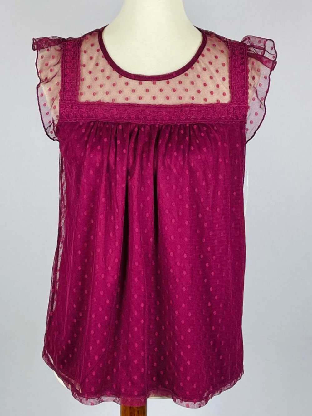 NWT No Boundaries Dotted Swiss Top L 11/13 Burgundy Sheer Lace Coquette Feminine